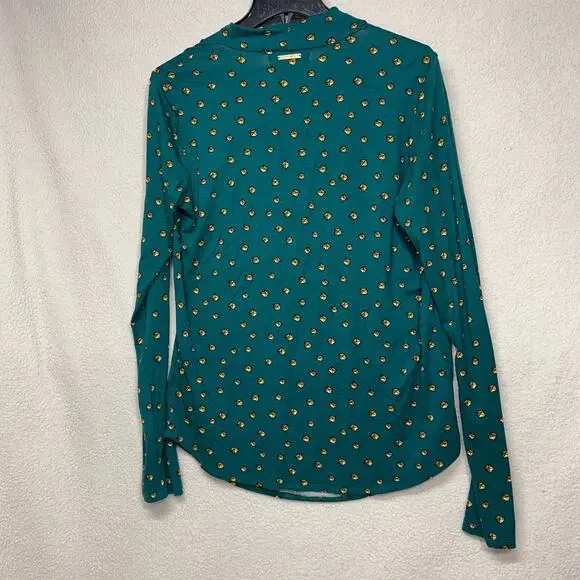 Michael Kors Green Drape Neck Top Medium Gold Print Long Sleeve Blouse - Picture 5 of 11